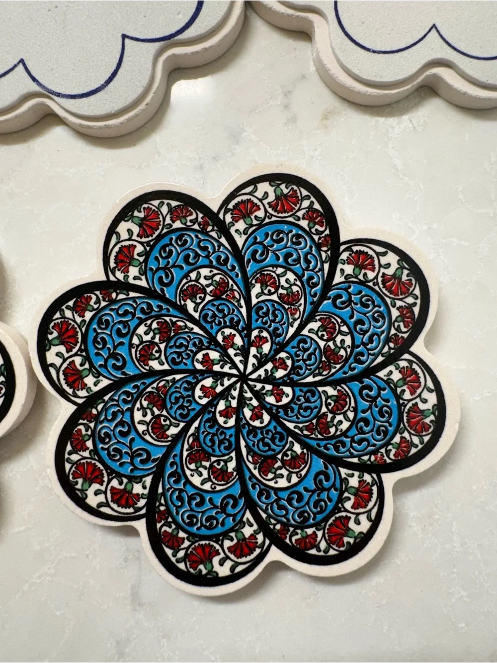 Set of 5 Turkish Floral Tile Coasters in Blue, Black & White Red Accents